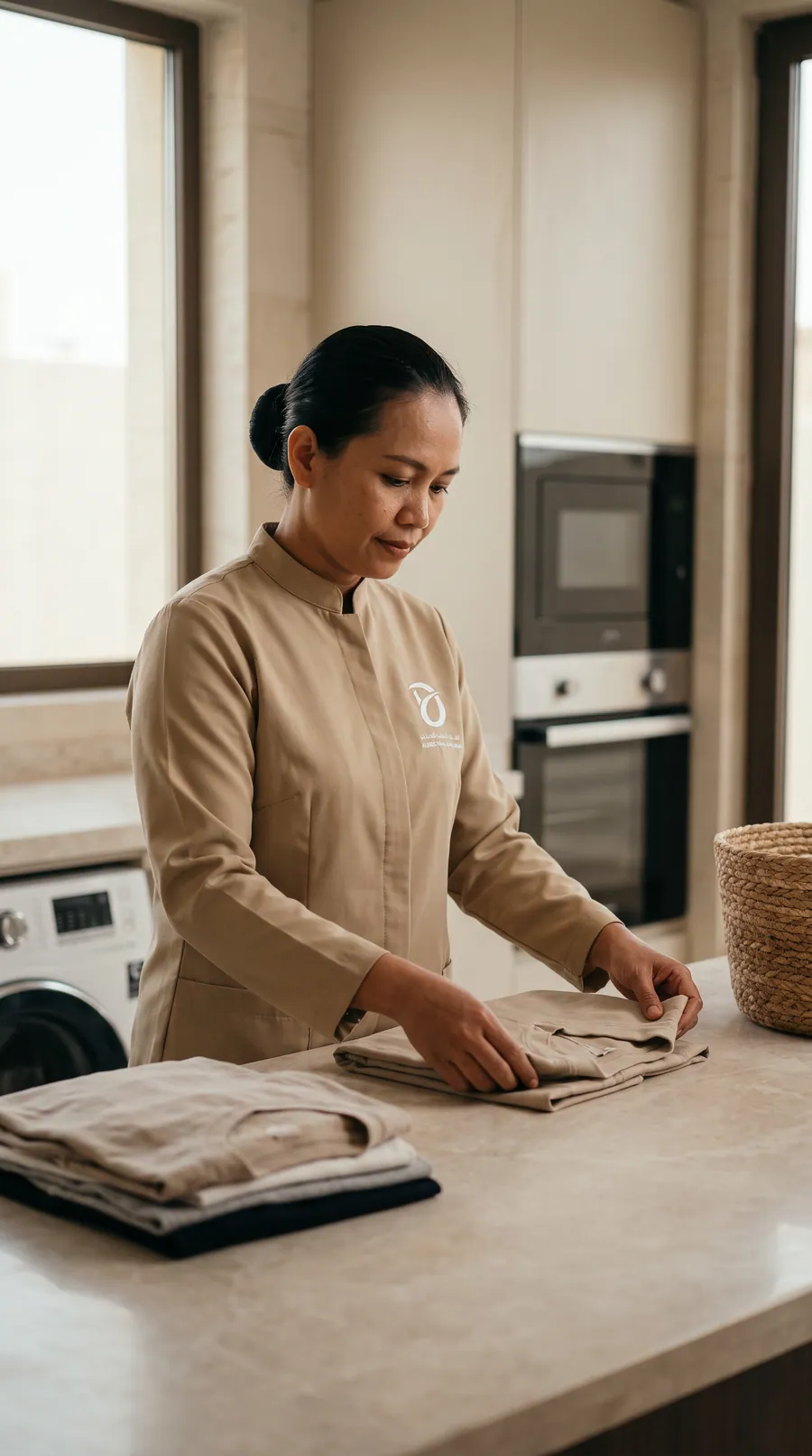 Generated illustration: Folding clothes in a laundry room, wearing Al Deeb uniform
