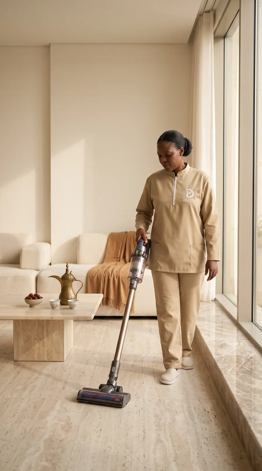 Generated illustration: Vacuuming a living-room floor, wearing Al Deeb uniform